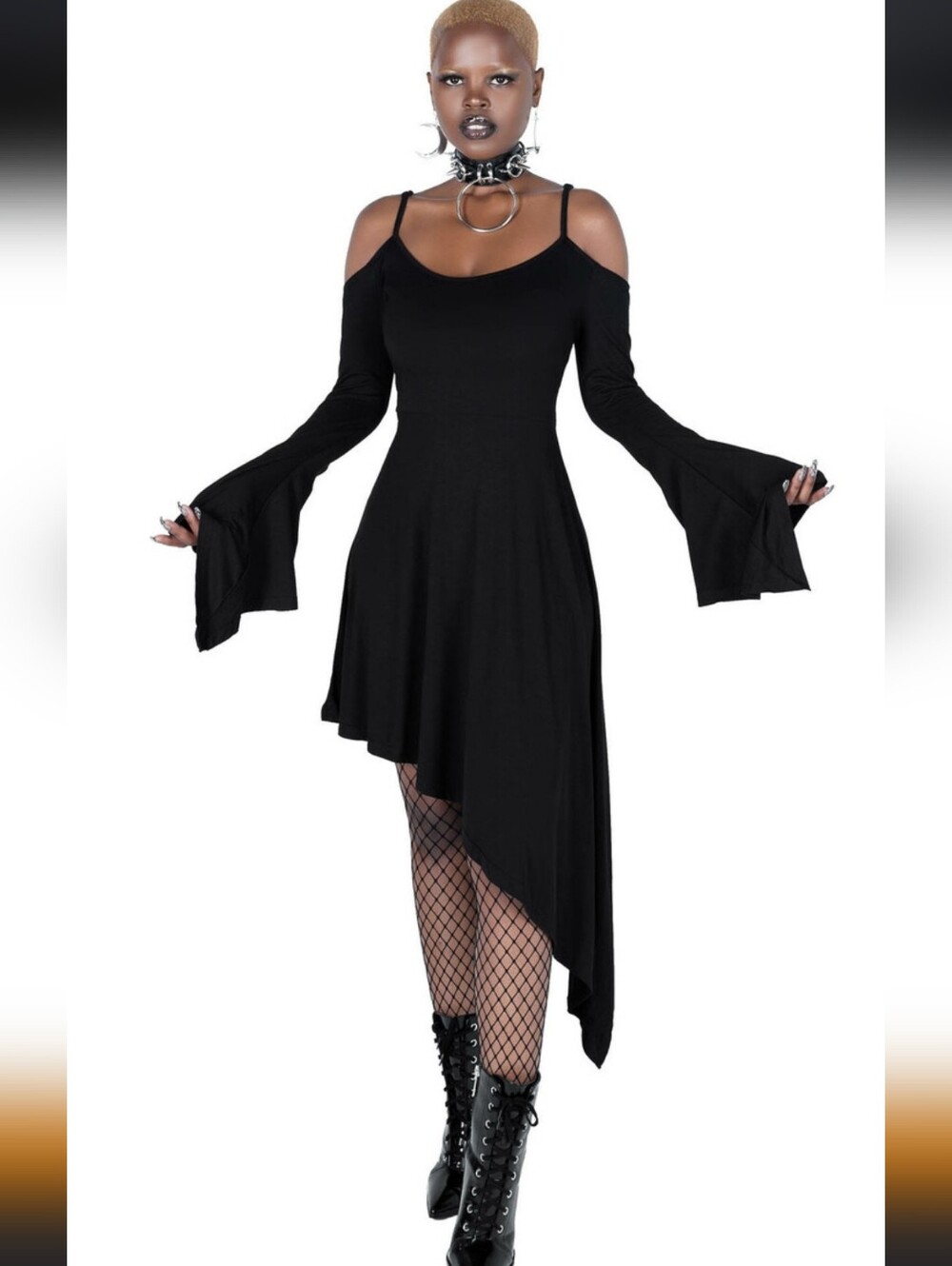 Killstar Black Cold-Shoulder Asymmetric Bell-Sleeve Dress